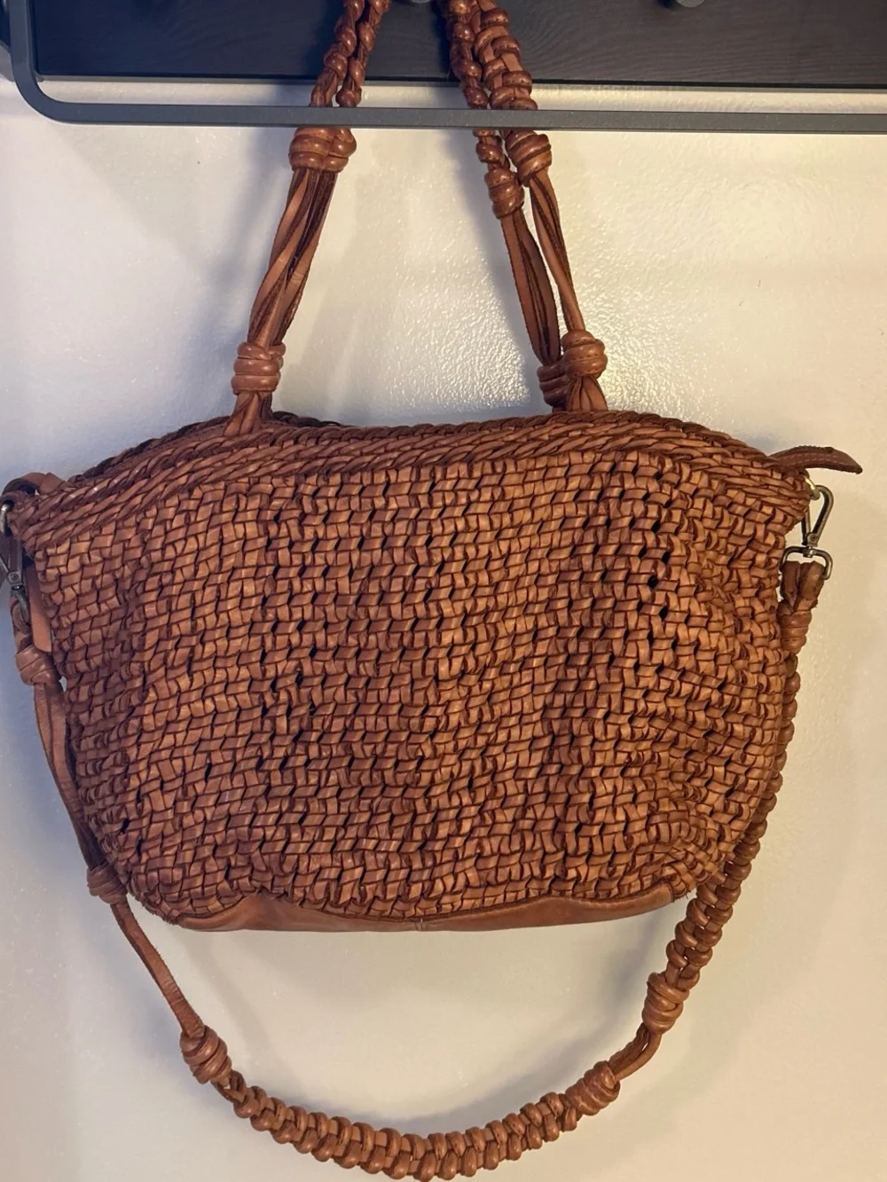 Woven Leather Tote Bag - Brown